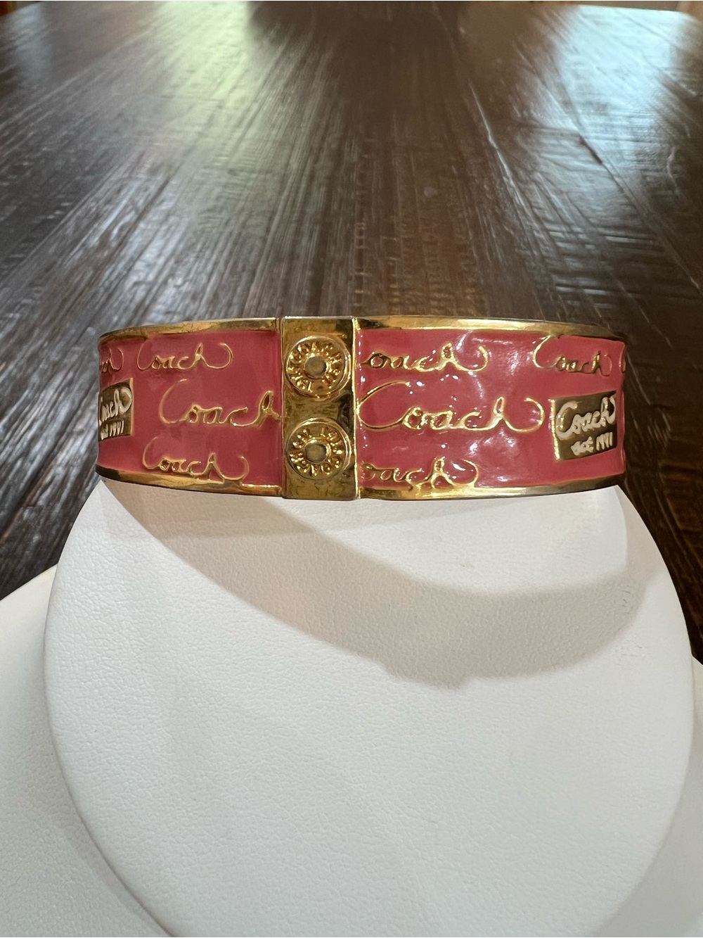 Coach New York Pink Enamel Gold Tone Signature Logo Bangle Bracelet